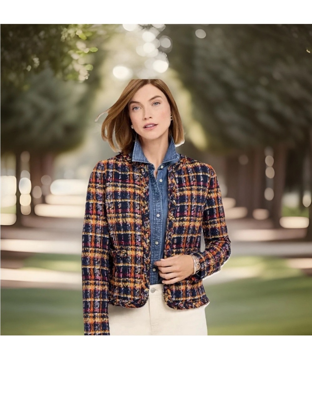 Talbots Petite Tweed Jacket 2P Navy Multi Sunflower Plaid NWT
